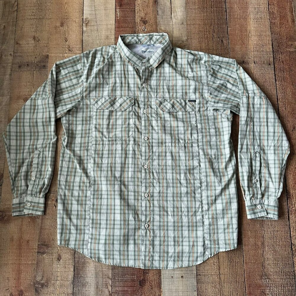 Columbia Mens XL Plaid Button-Up Shirt Long Sleeve Green & Orange